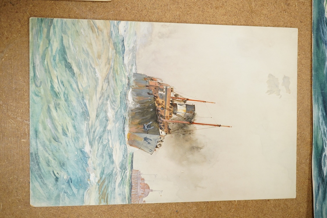 Charles Hopkins and AFD Bannister, five original watercolours for postcard designs, Channel shipping scenes to include ‘Off Dover’ and ‘Off the Gull Light’, four by Hopkins, one by Bannister, four signed, unframed, large